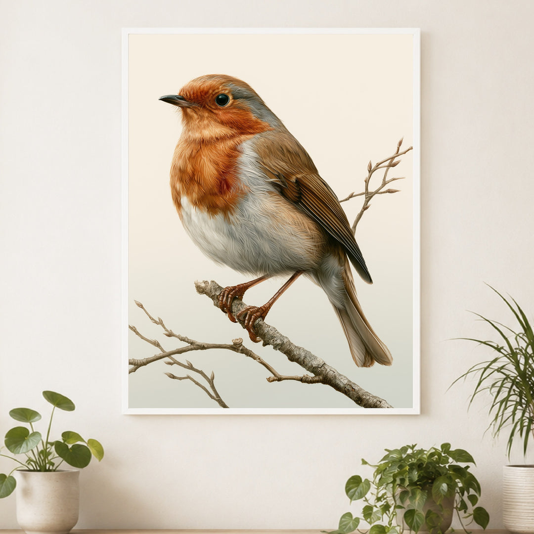 Rotkehlchen auf Winterzweig Poster – Weißer Rahmen – Produktfoto