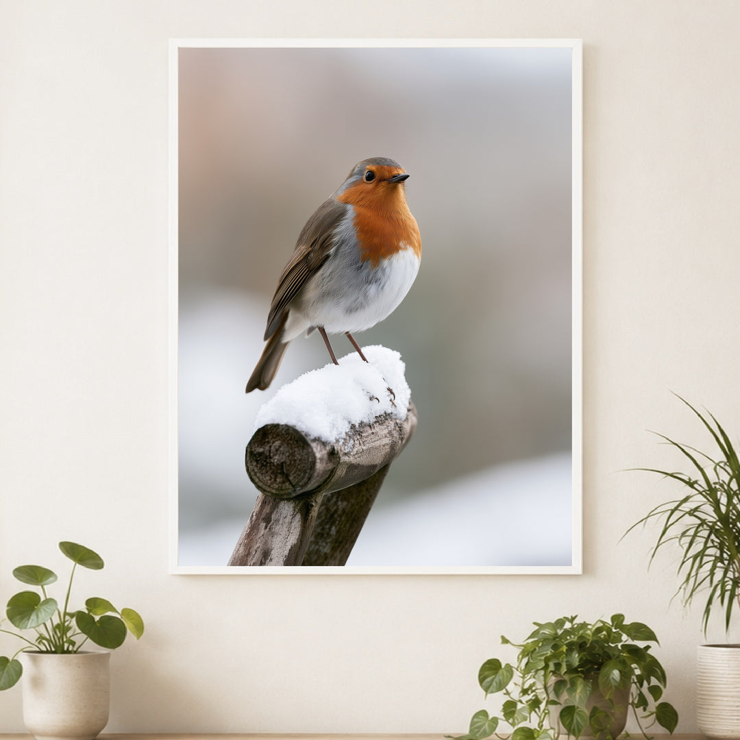 Rotkehlchen im Winterschnee Poster – Weißer Rahmen – Produktfoto