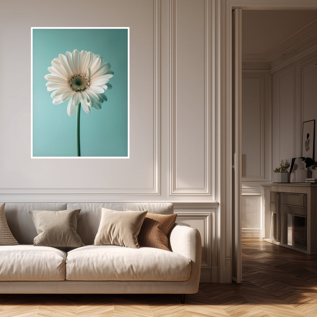 Weiße Gerbera auf Türkis Poster Landschaft – mattes Kunstdruck-Papier – Ansicht 4