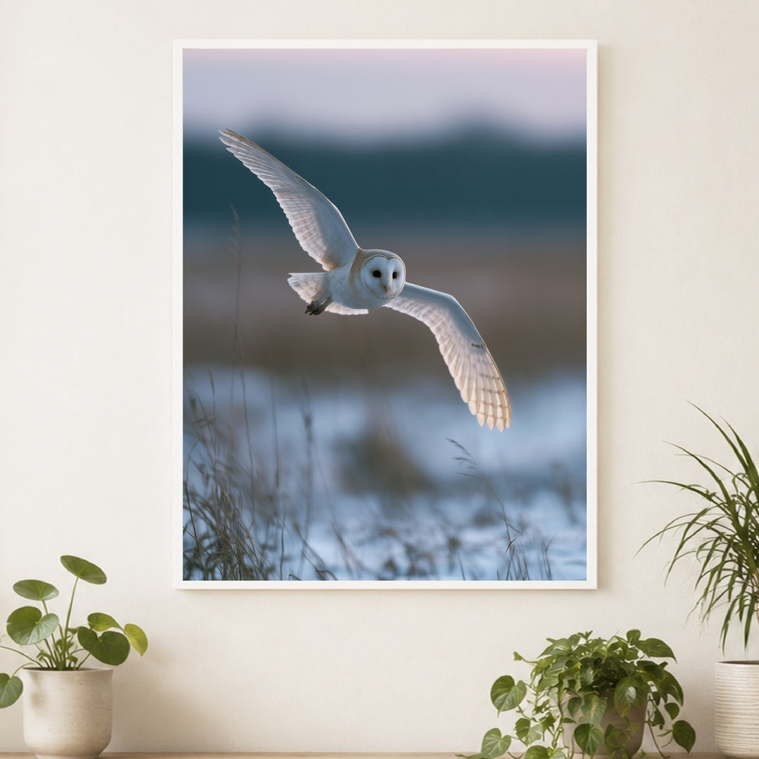 Schleiereule im Winterflug Poster – Weißer Rahmen – Produktfoto