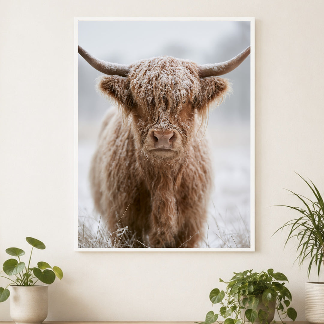 Hochlandrind im Schnee Poster – Weißer Rahmen – Wohnzimmer Mockup