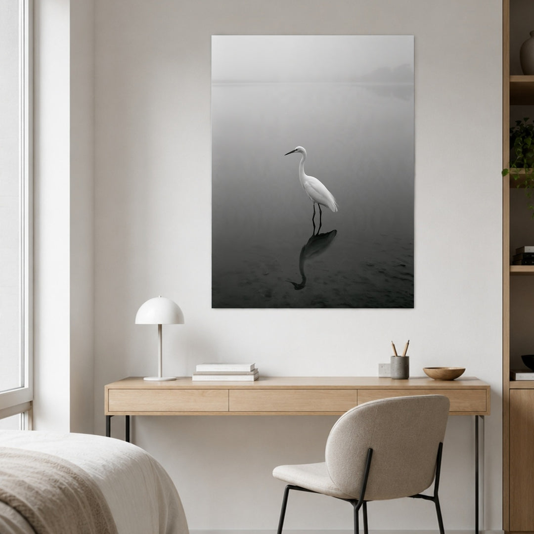 Weißer Reiher im Nebel Leinwandbild – Ohne Rahmen – Produktfoto