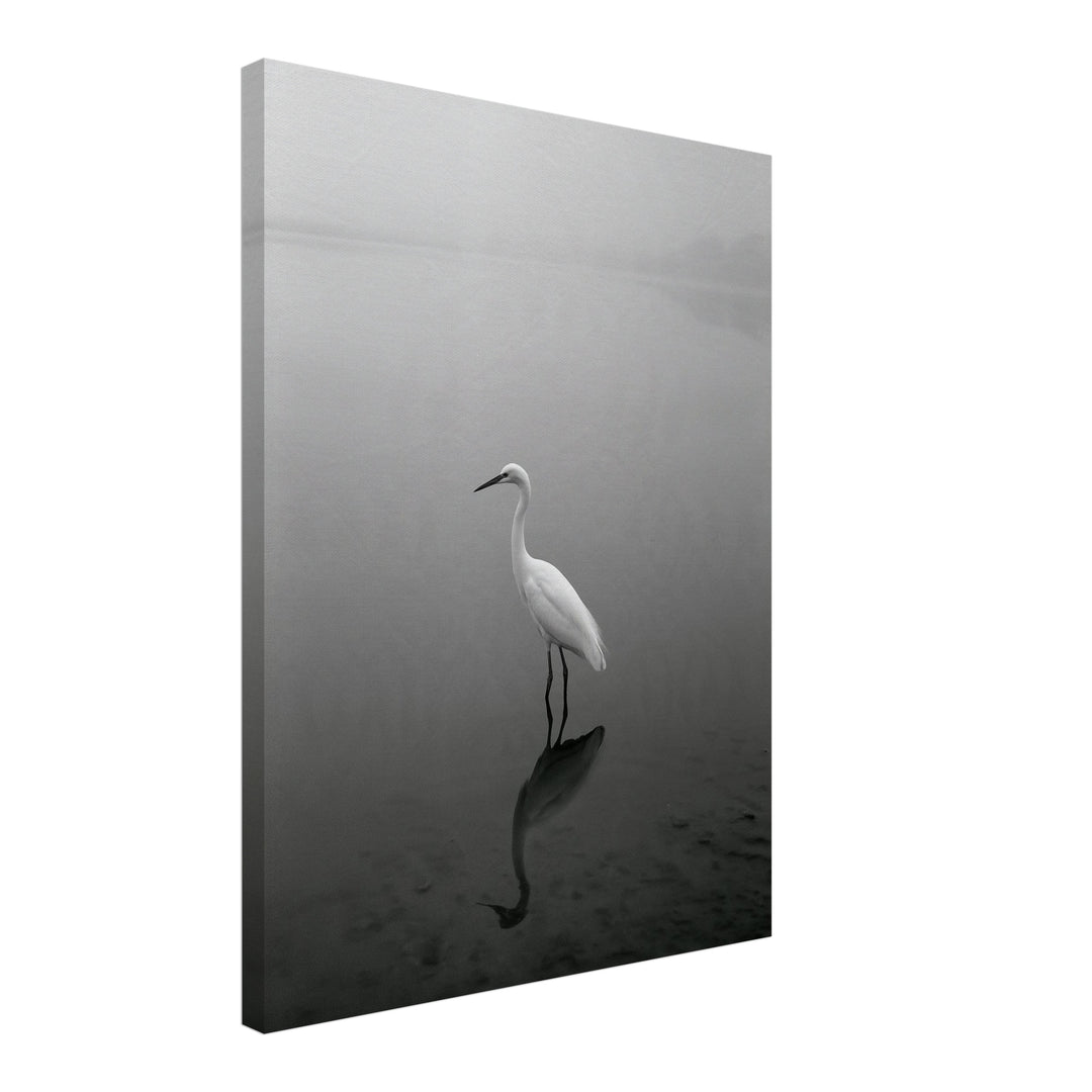 Weißer Reiher im Nebel Leinwandbild – Schräge Ansicht – Produktfoto