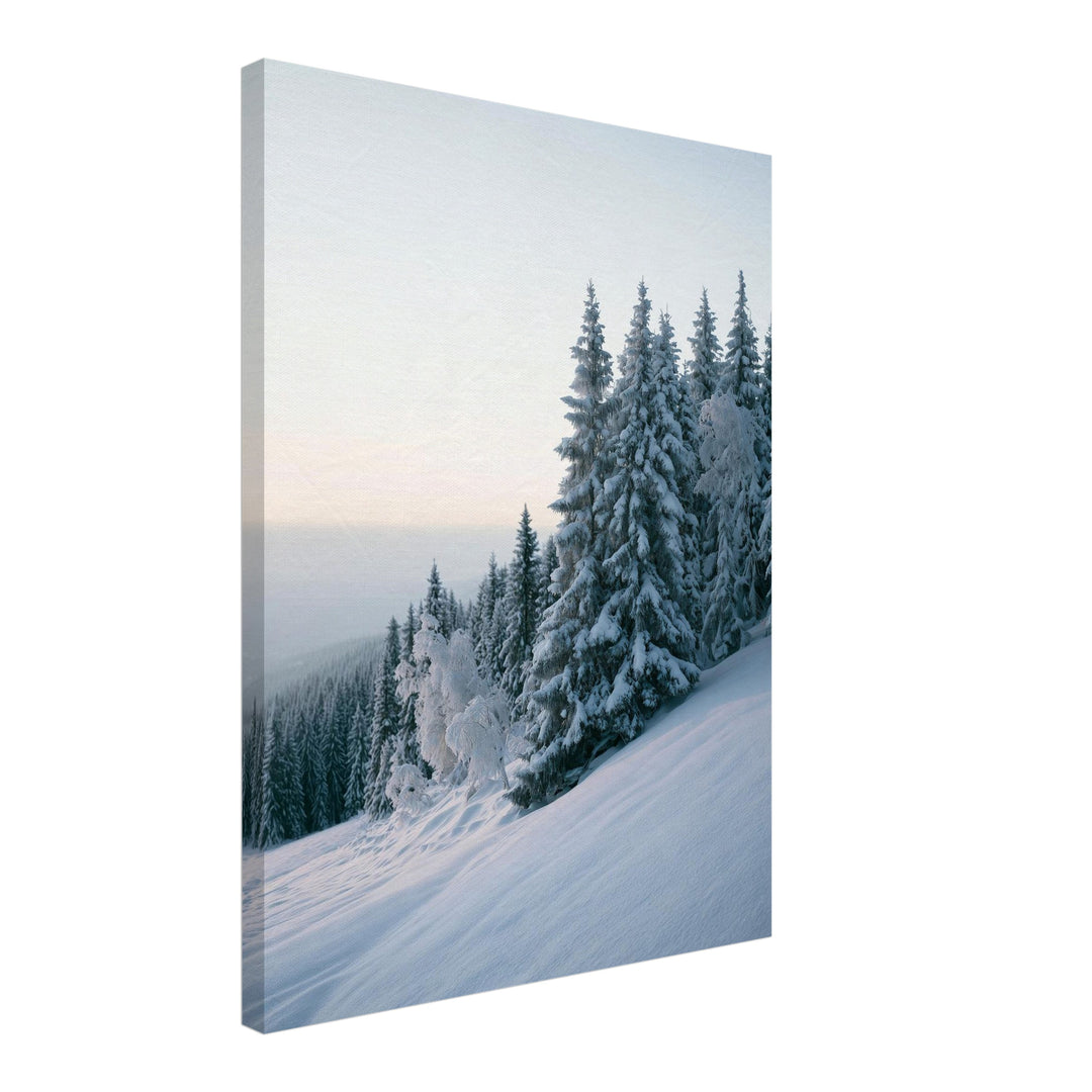 Winterwald im Schnee Leinwandbild – Schräge Ansicht – Produktfoto