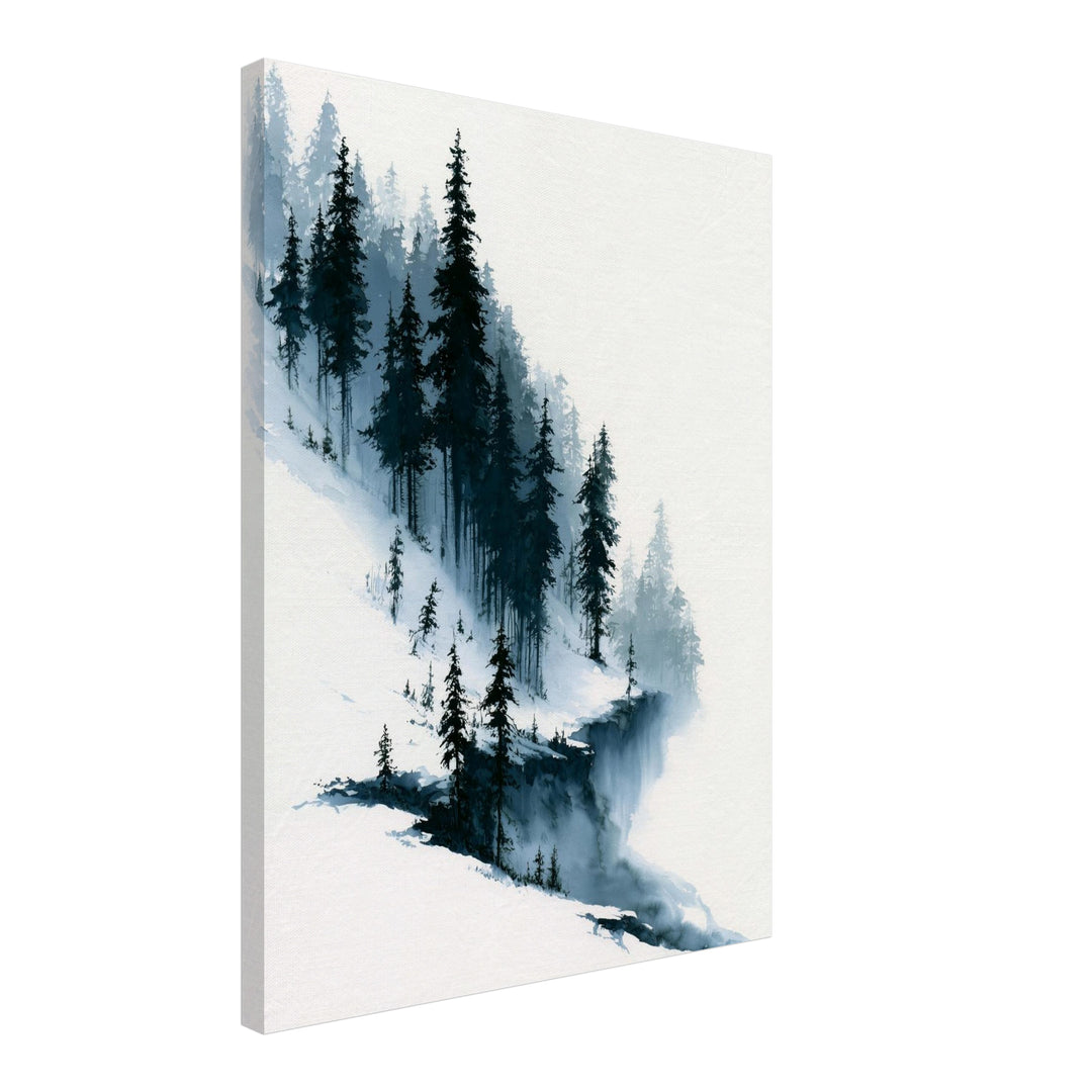 Verschneiter Tannenwald im Nebel Leinwandbild – Schräge Ansicht – Produktfoto