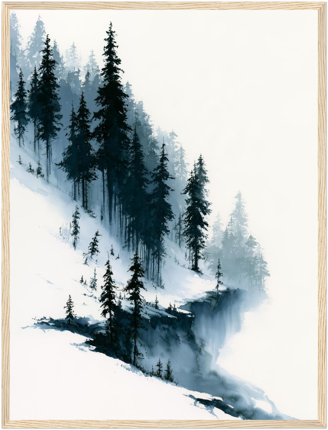 Verschneiter Tannenwald im Nebel Poster – Holz natur Rahmen – Produktfoto