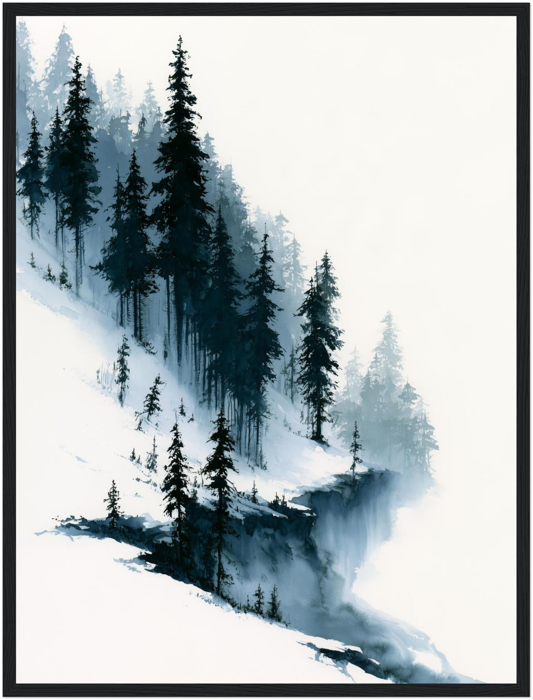 Verschneiter Tannenwald im Nebel Poster – Schwarzer Rahmen – Produktfoto
