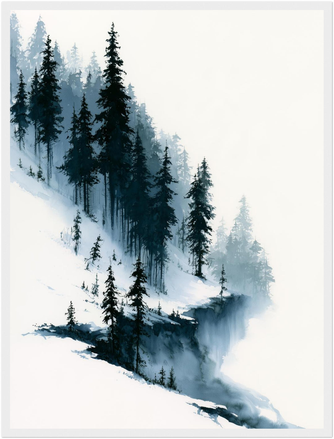 Verschneiter Tannenwald im Nebel Poster – Weißer Rahmen – Produktfoto