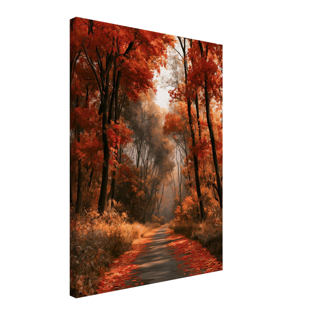 Herbstlicher Waldweg im Nebel Leinwandbild – Schräge Ansicht – Produktfoto