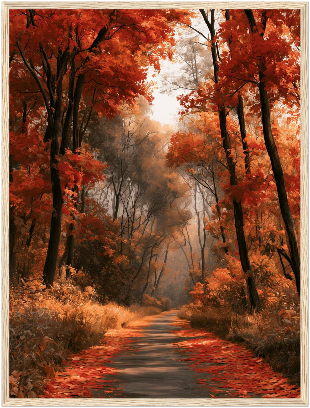Herbstlicher Waldweg im Nebel Poster – Holz natur Rahmen – Produktfoto
