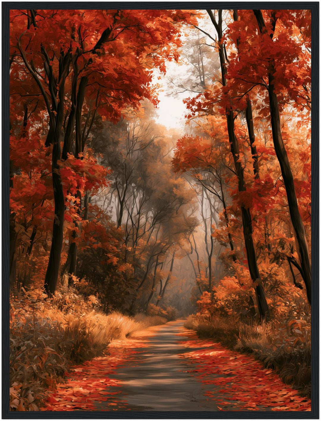 Herbstlicher Waldweg im Nebel Poster – Schwarzer Rahmen – Produktfoto