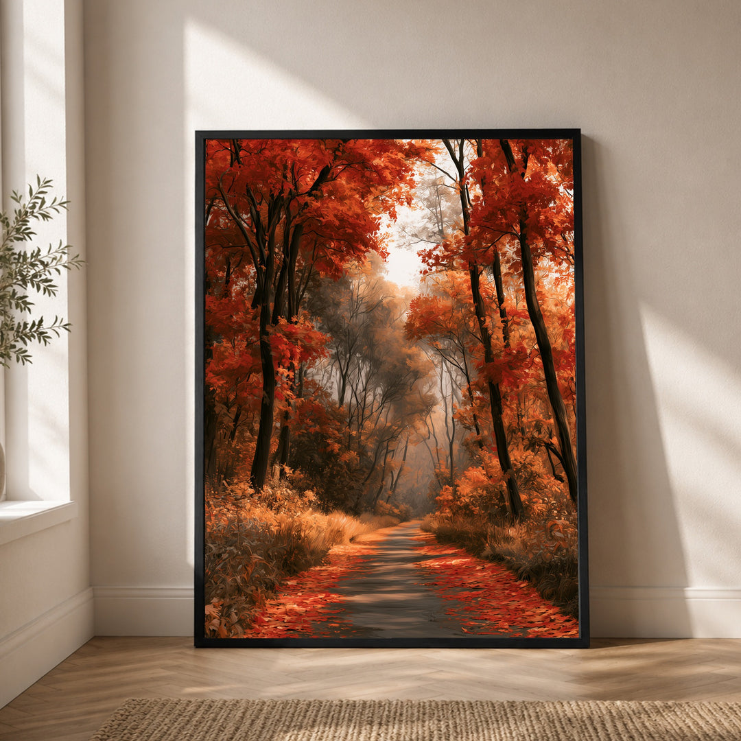 Herbstlicher Waldweg im Nebel Poster – Schwarzer Rahmen – Produktfoto