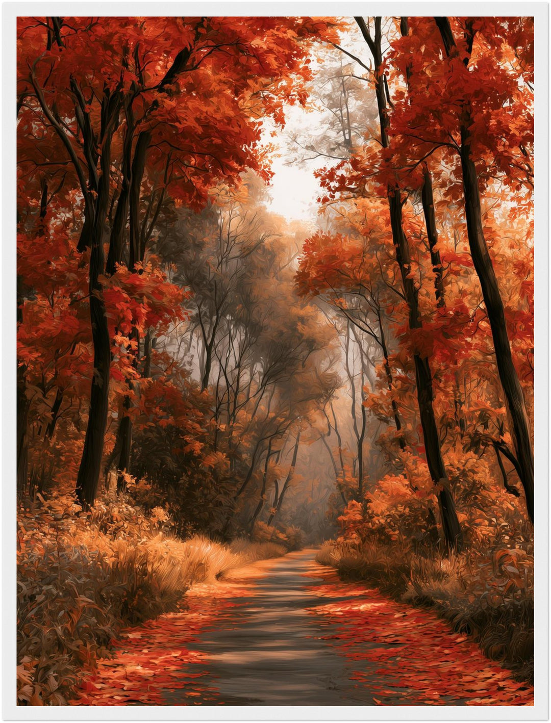 Herbstlicher Waldweg im Nebel Poster – Weißer Rahmen – Produktfoto