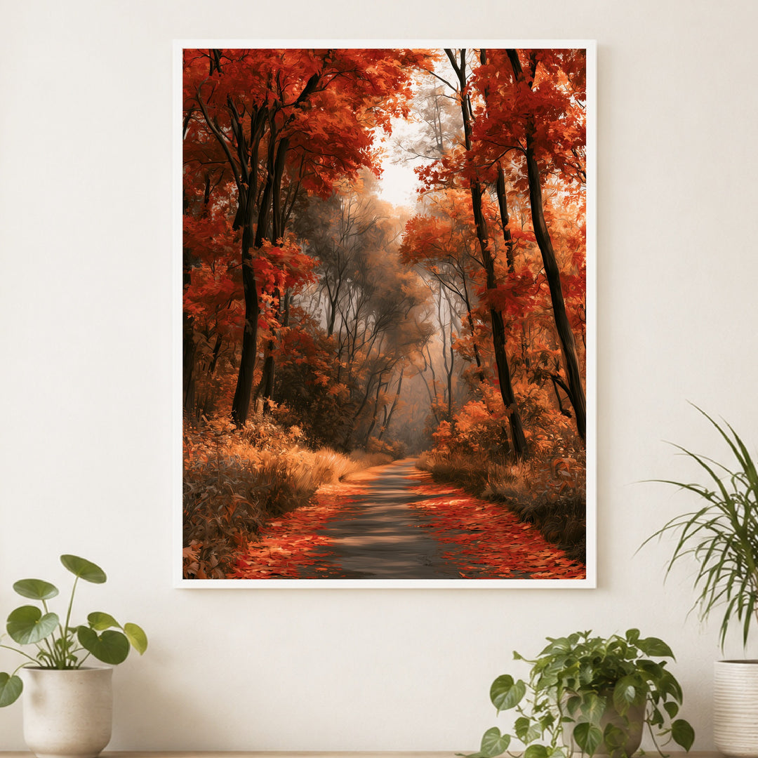 Herbstlicher Waldweg im Nebel Poster – Weißer Rahmen – Produktfoto
