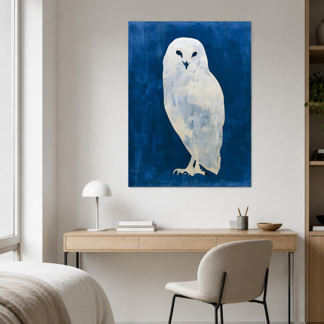 Weiße Eule in blau Poster – Ohne Rahmen – Produktfoto