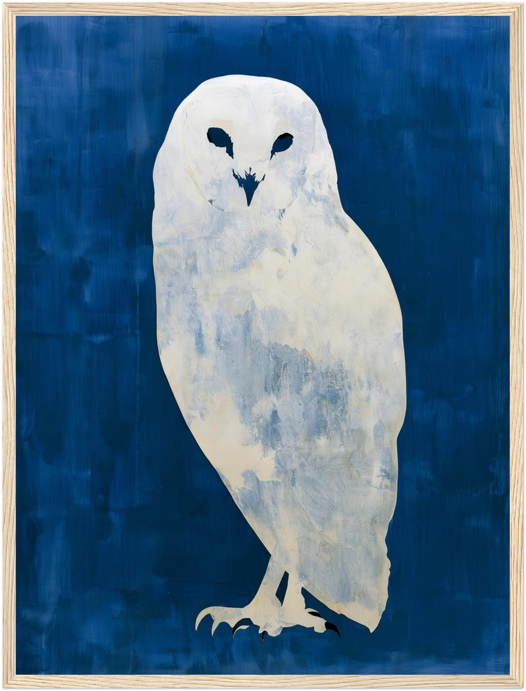 Weiße Eule in blau Poster – Holz natur Rahmen – Produktfoto