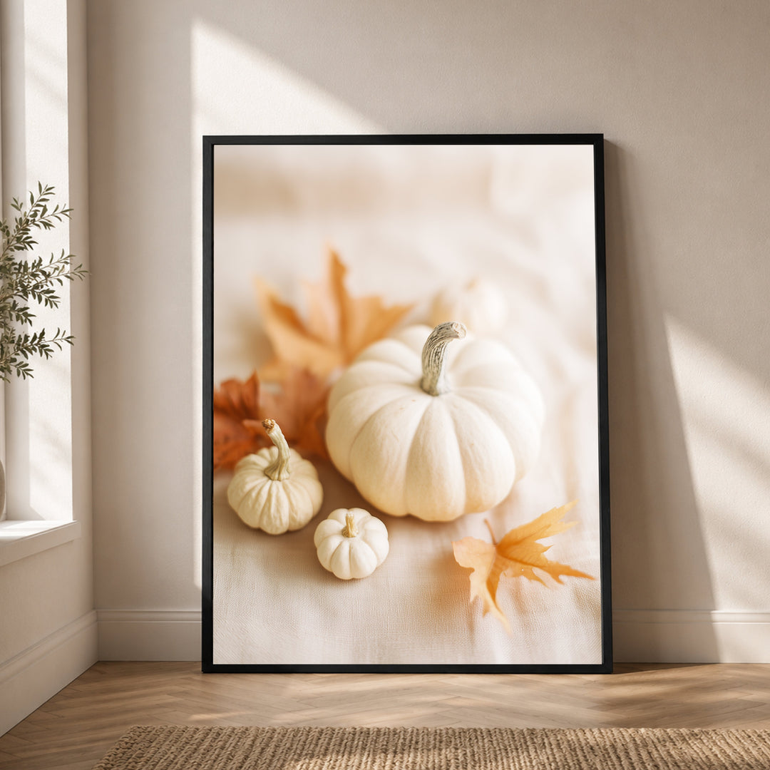 Weiße Kürbisse im Herbst Poster – Schwarzer Rahmen – Produktfoto