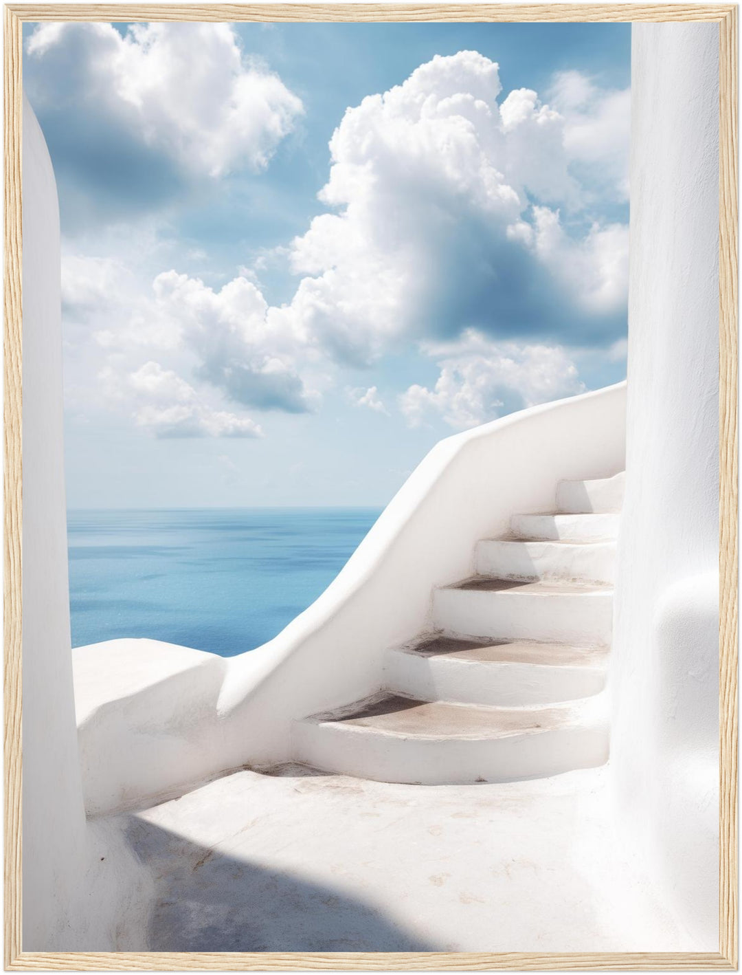 Weiße Treppe zum Meer Poster – Holz natur Rahmen – Produktfoto