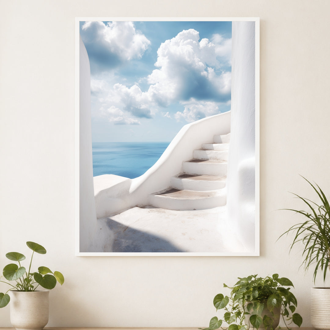 Weiße Treppe zum Meer Poster – Weißer Rahmen – Produktfoto