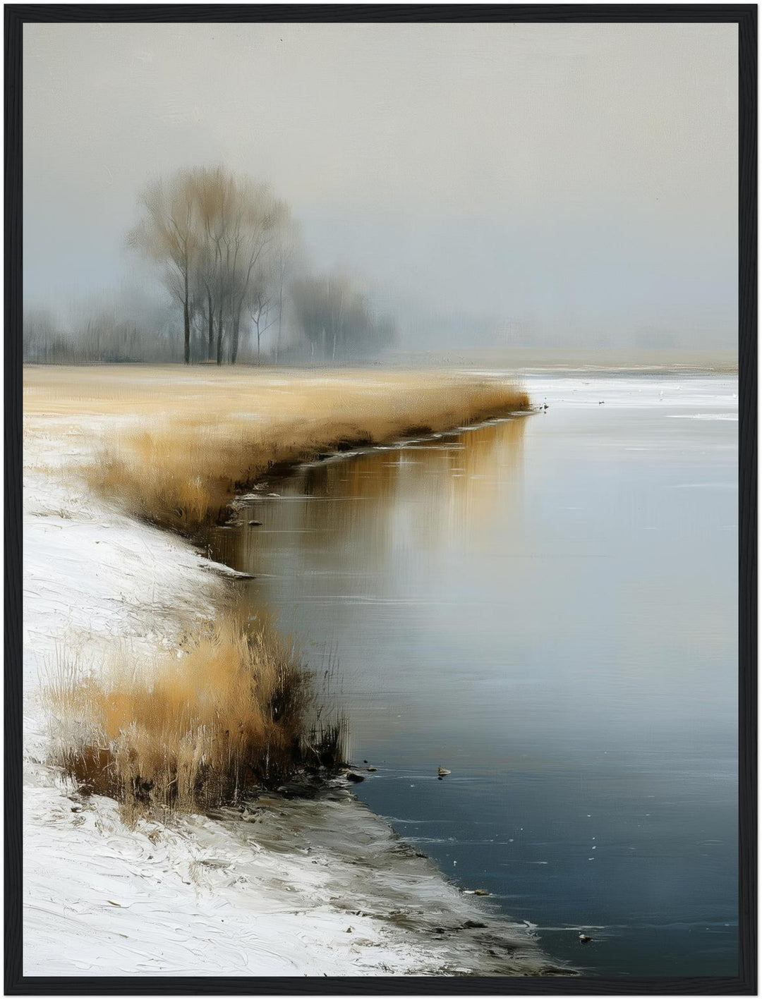 Winterufer im Nebel Poster – Schwarzer Rahmen – Produktfoto
