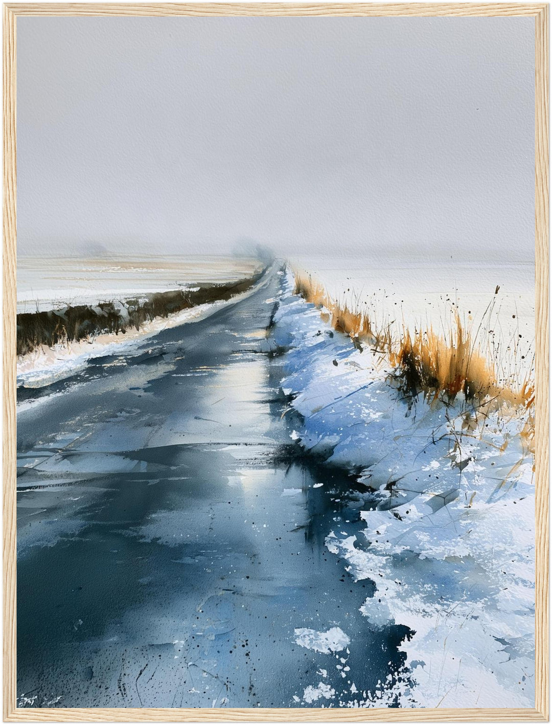 Winterstraße im Nebel Poster – Holz natur Rahmen – Produktfoto