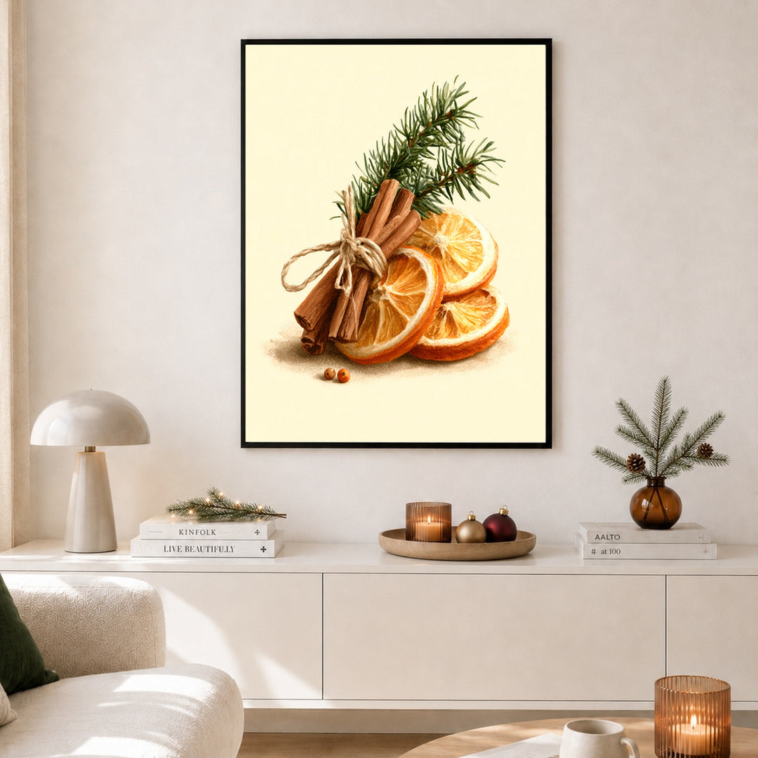 Zimtstangen und Winterzweig Poster – Schwarzer Rahmen – Produktfoto