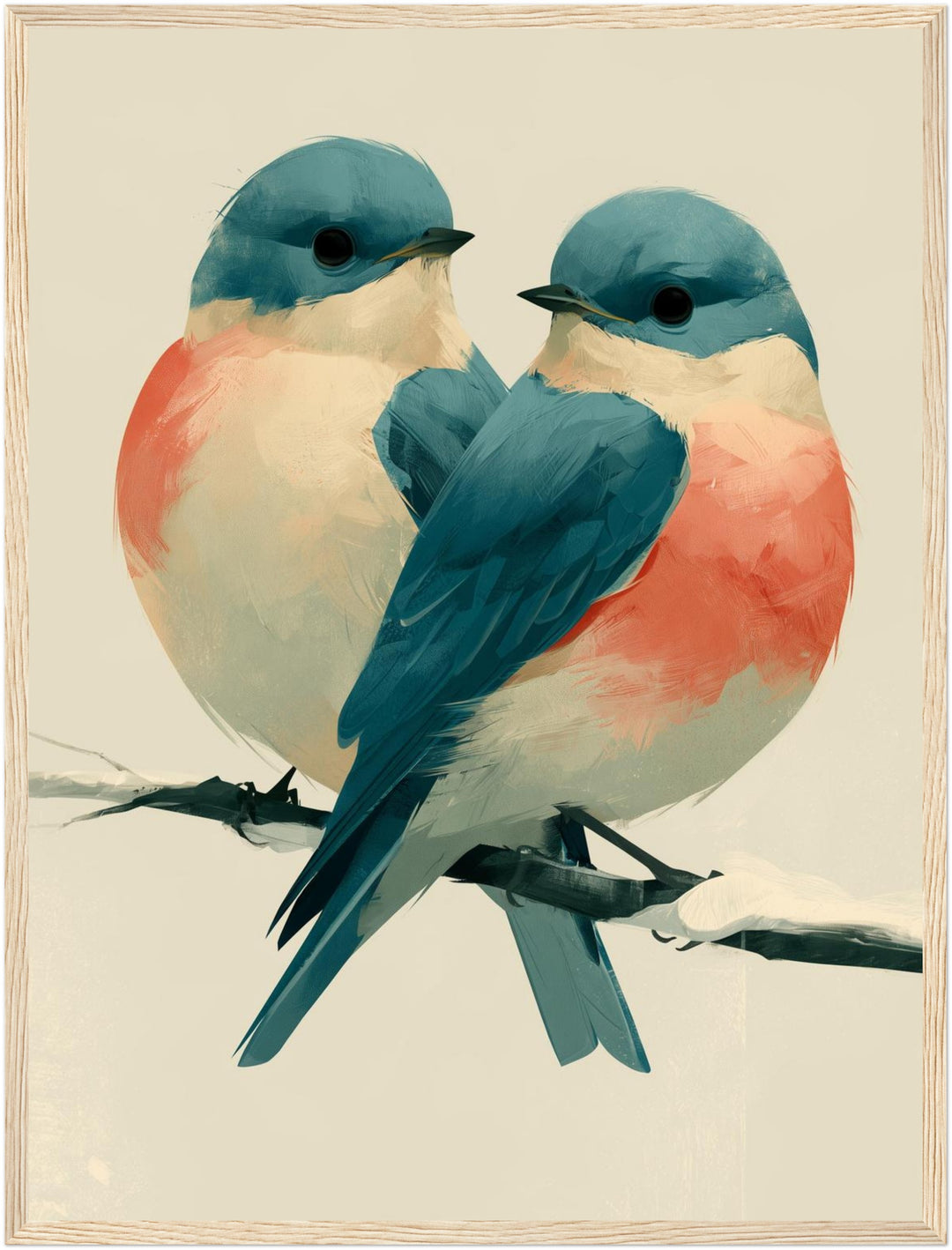 Zwei Vögel im Winterzweig Poster – Holz natur Rahmen – Produktfoto