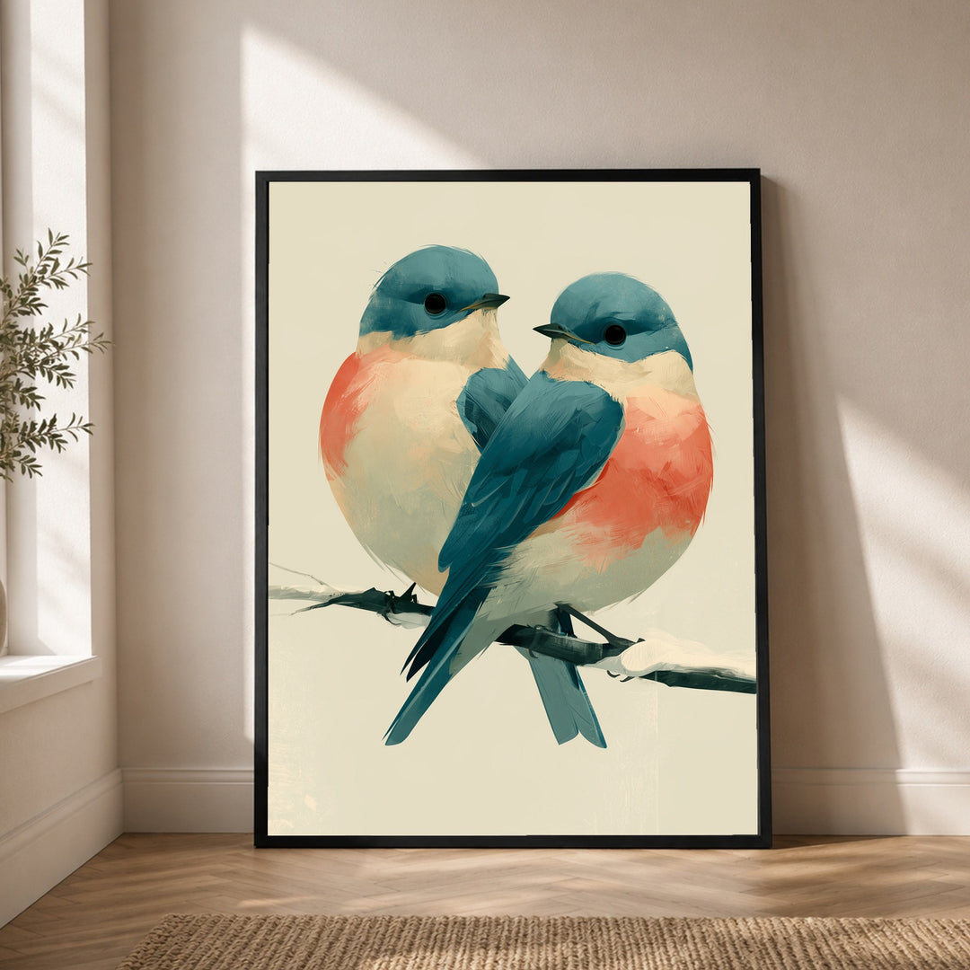 Zwei Vögel im Winterzweig Poster – Schwarzer Rahmen – Produktfoto
