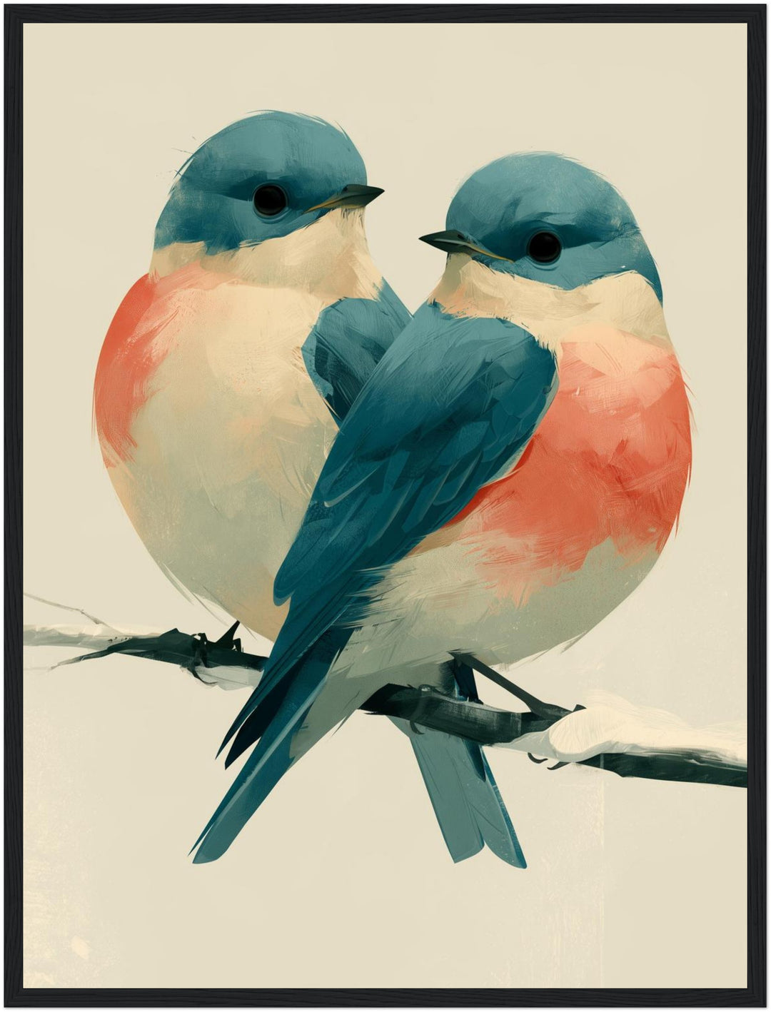 Zwei Vögel im Winterzweig Poster – Schwarzer Rahmen – Produktfoto