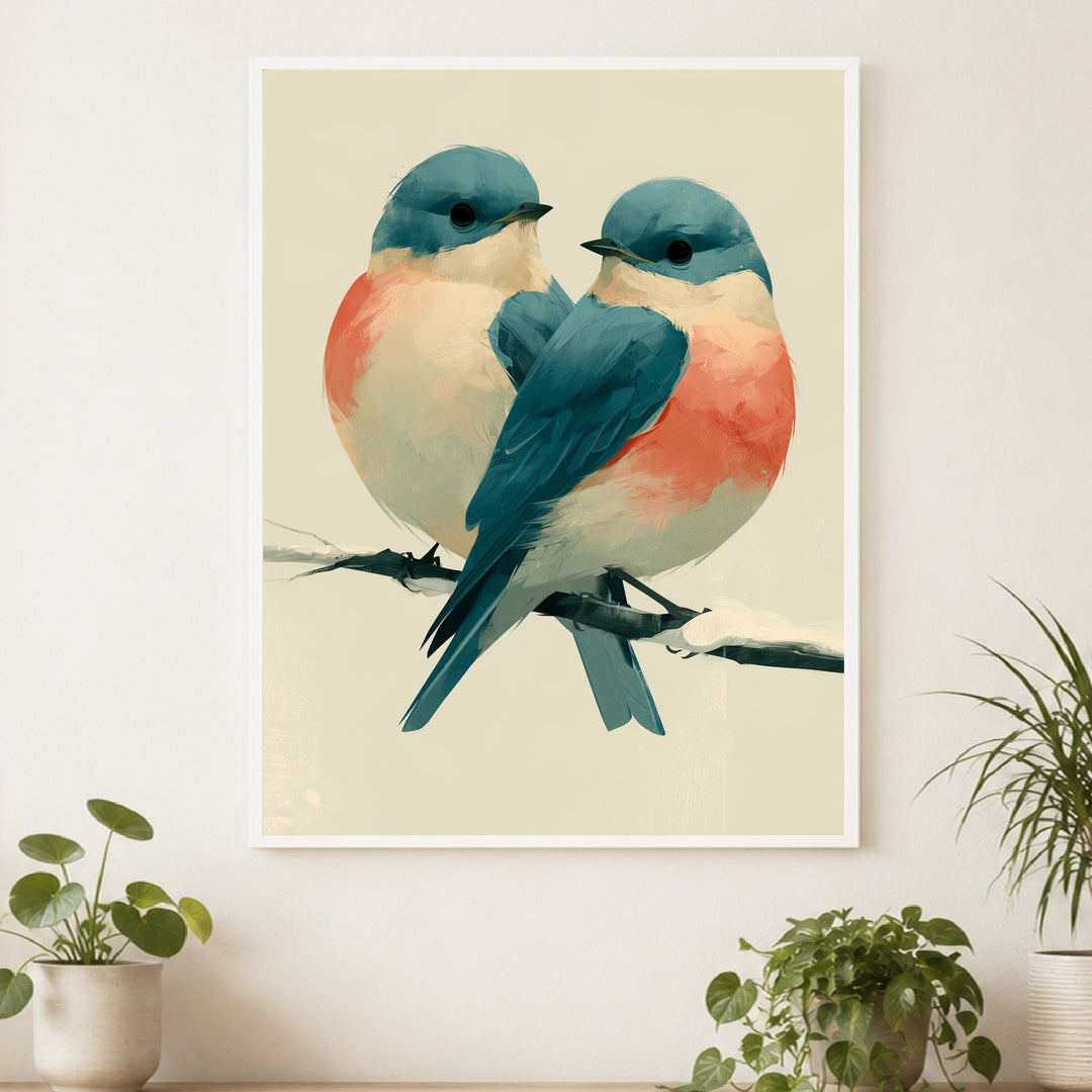 Zwei Vögel im Winterzweig Poster – Weißer Rahmen – Produktfoto