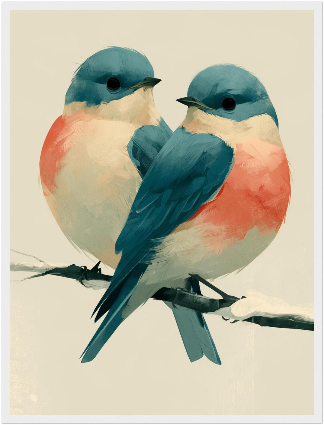 Zwei Vögel im Winterzweig Poster – Weißer Rahmen – Produktfoto
