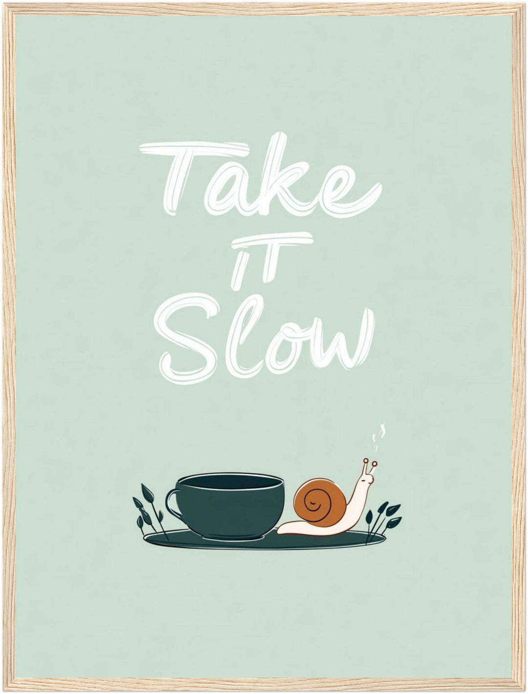 Schnecke und Tasse Poster – Holz natur Rahmen – Produktfoto