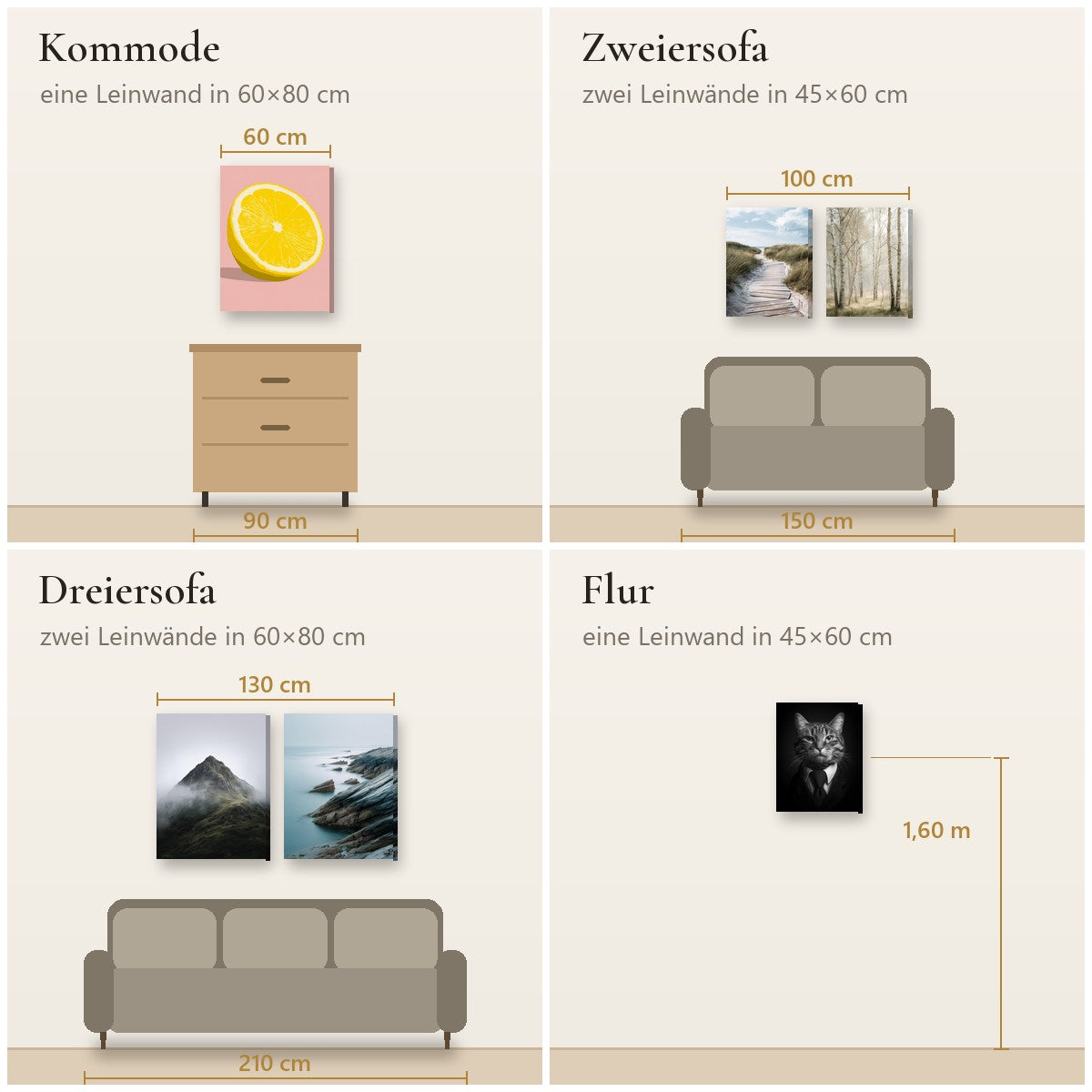 Leinwandbilder im Maßstab über Kommode, Zweiersofa und Dreiersofa sowie frei im Flur