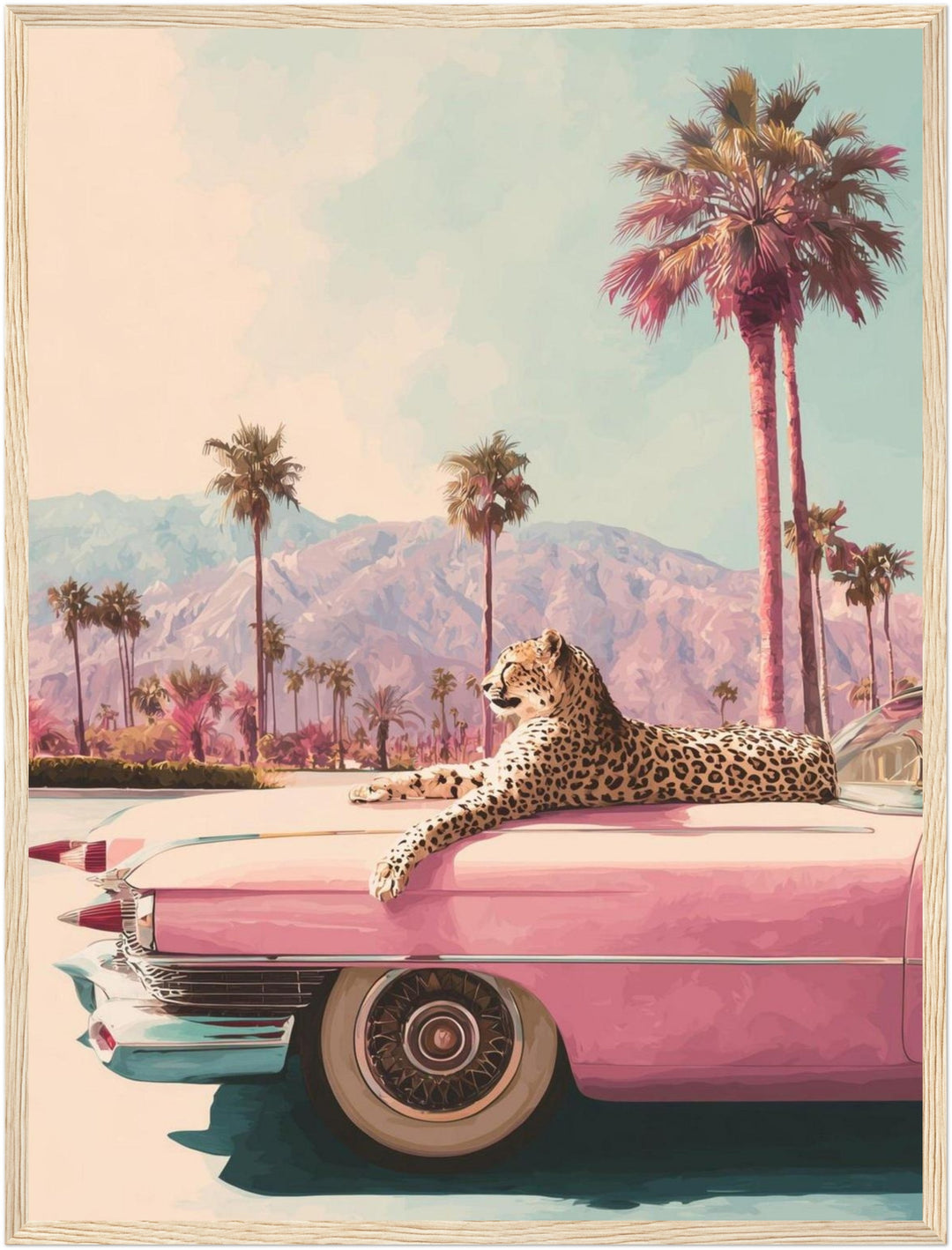 Leopard auf rosa Cadillac Poster – Holz natur Rahmen – Produktfoto