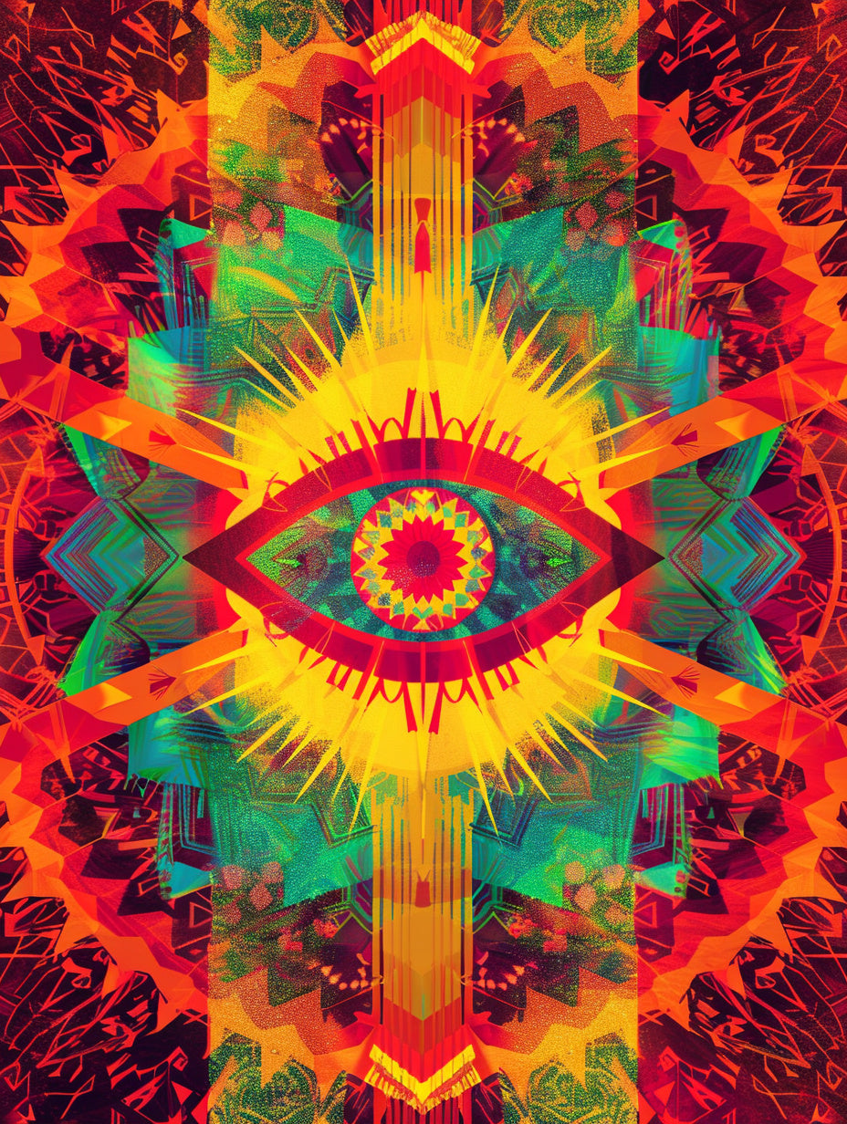 Leuchtendes Auge mit Farbstrahlen Psychedelic – Wandkunst