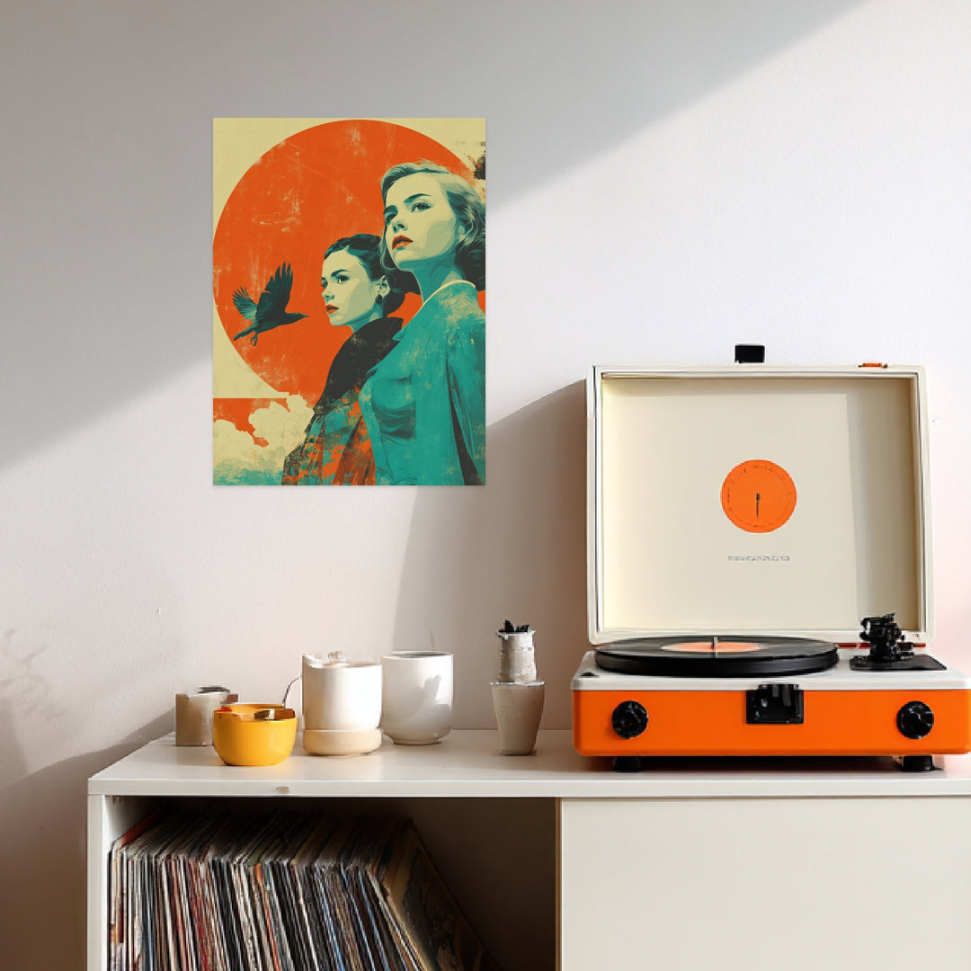 Zwei Frauen und Rabe Leinwandbild Retro – Leinwand auf Holzrahmen – Ansicht 3