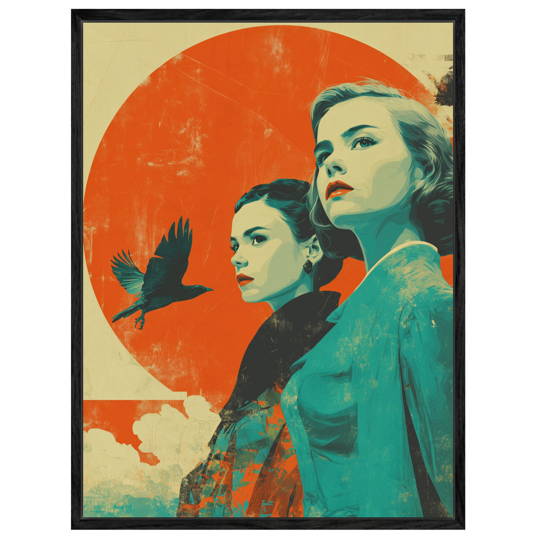 Zwei Frauen und Rabe Leinwandbild Retro – Leinwand auf Holzrahmen – Ansicht 4