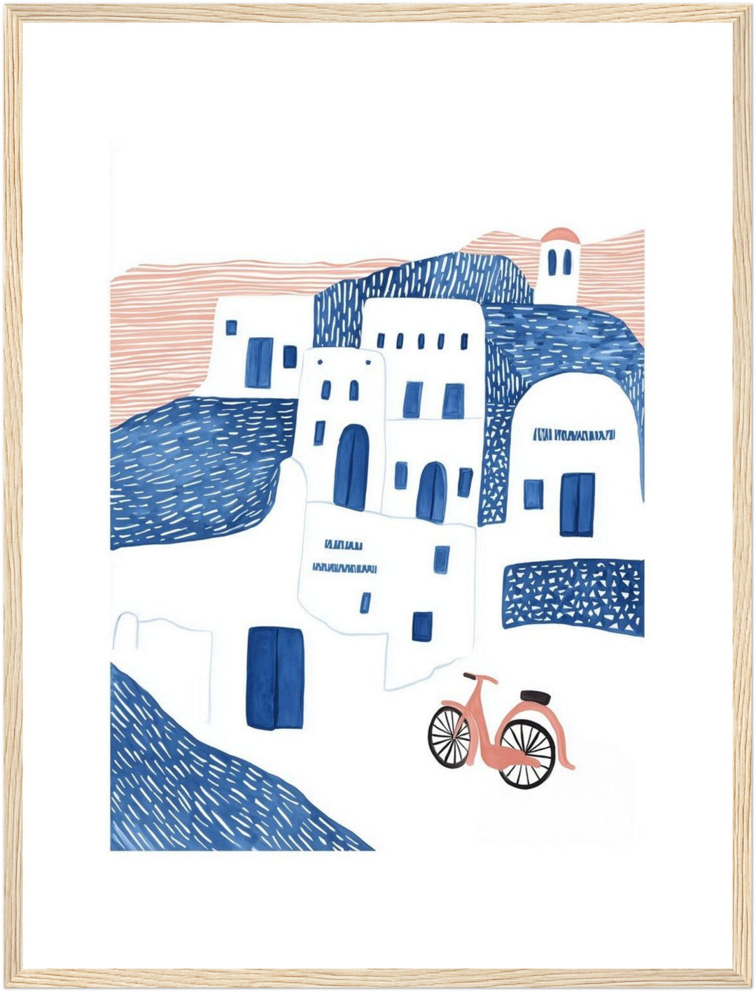 Santorini Häuser minimalistisch Poster – Holz natur Rahmen – Produktfoto