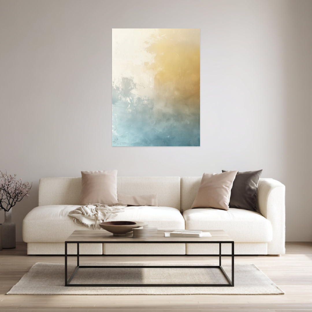 Sanfte Farbverläufe in Beige und Blau Leinwandbild abstrakt – Leinwand auf Holzrahmen – Ansicht 4