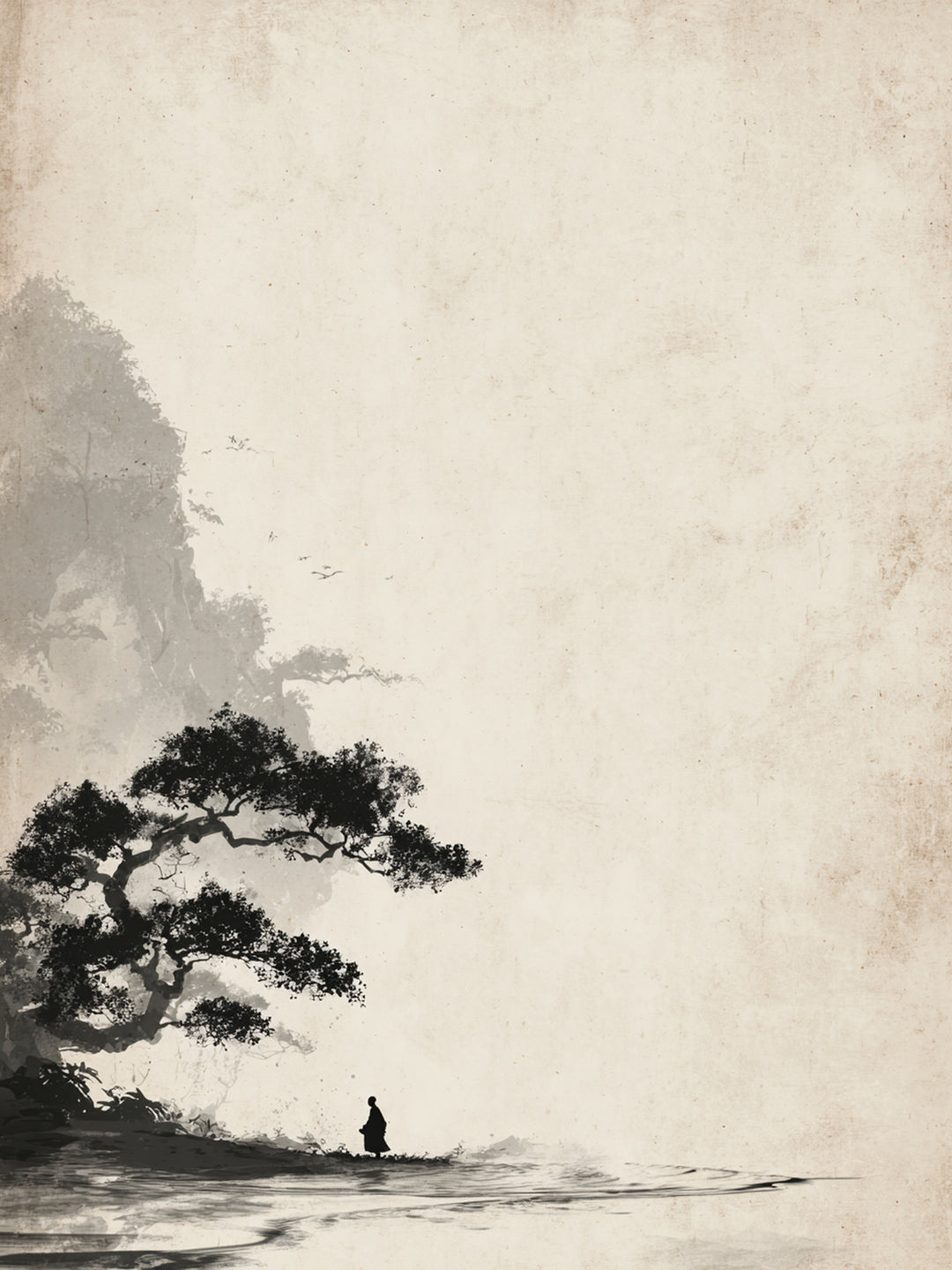 Mönch unter Baum Sumi-e Zen – Wandkunst