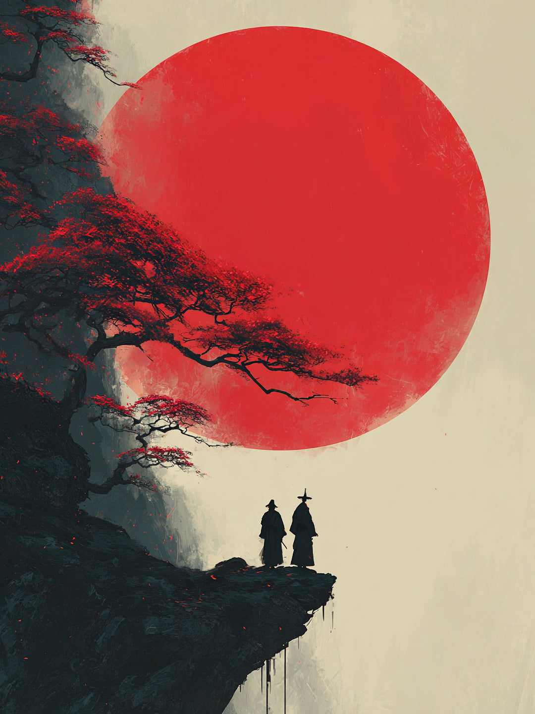 Mönche vor rotem Mond Japandi – Wandkunst