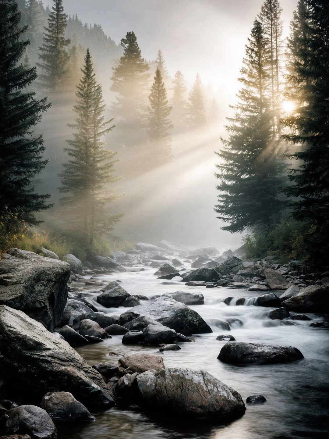 Bach im Morgennebel Landschaft – Wandkunst