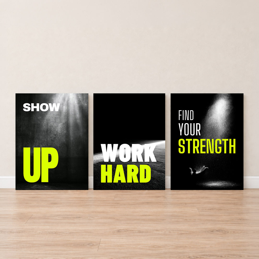 Set-Ansicht: Motivation Leinwand Set – Neon auf Schwarz (3er)