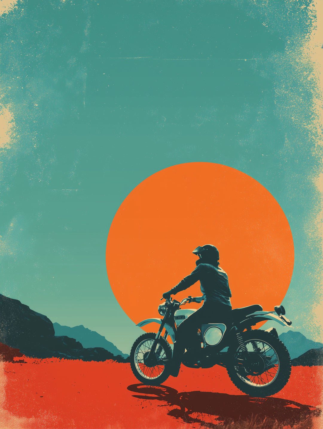 Motorradfahrer vor Sonne Retro – Wandkunst