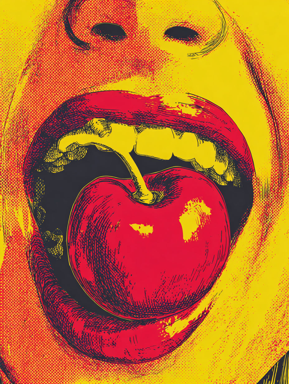 Mund mit Kirsche Pop Art – Wandkunst