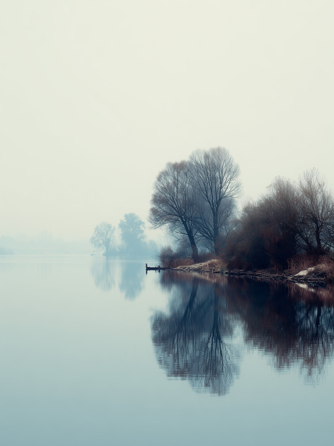 Nebliger See mit Bäumen  – Wandkunst