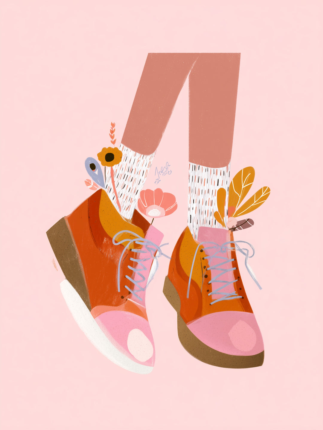 Orangene Schuhe mit Blumen  – Wandkunst