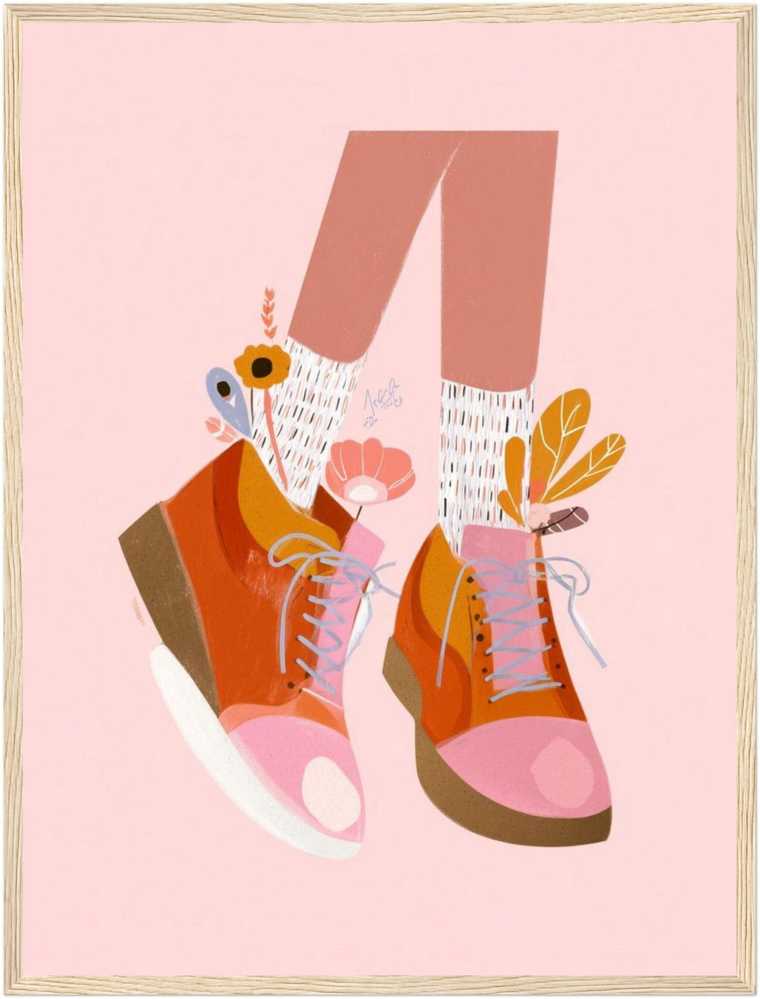 Orangene Schuhe mit Blumen Poster – Holz natur Rahmen – Produktfoto