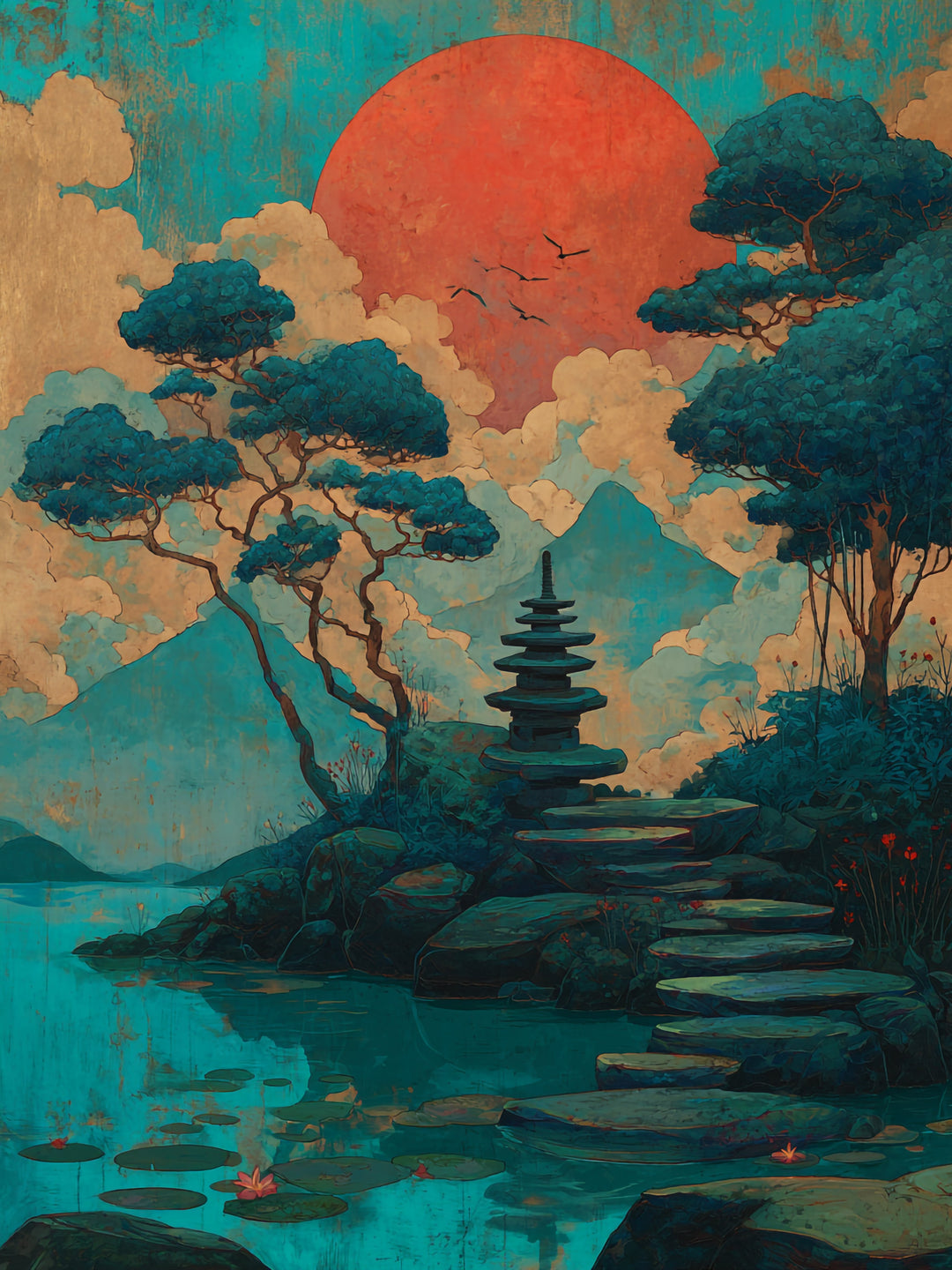 Pagode am See Japandi – Wandkunst