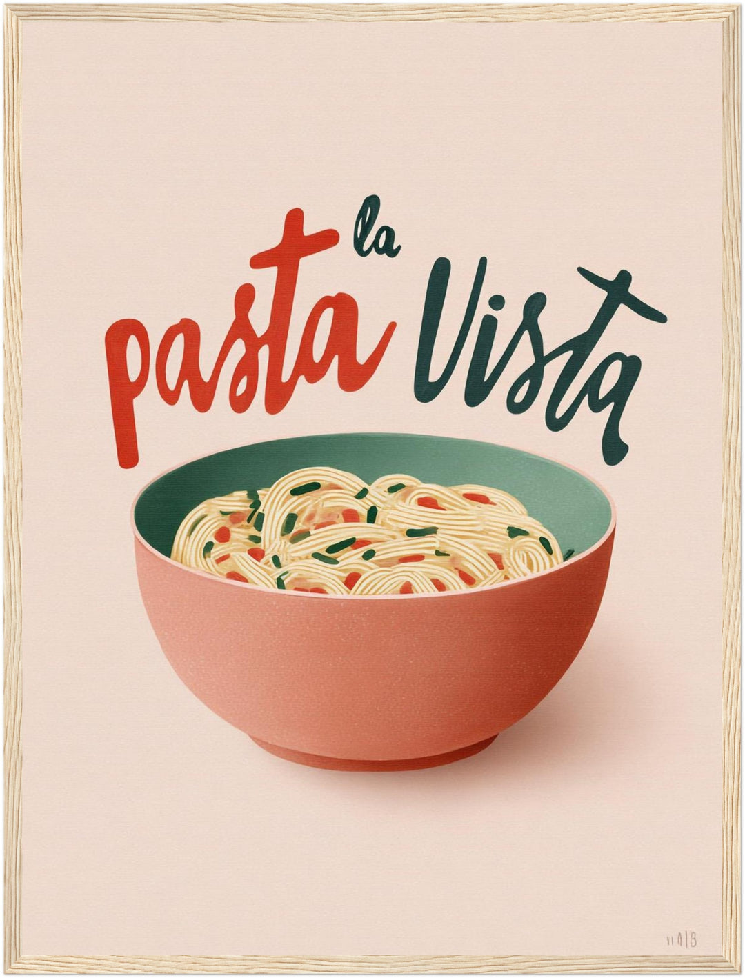 Pasta in Schale Poster – Holz natur Rahmen – Produktfoto
